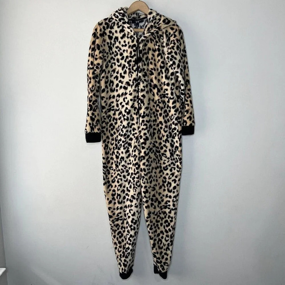Leopard Print Jump suit Pajamas Cat Ears Costume Women’s Sz Small PJ One Piece - Picture 1 of 10